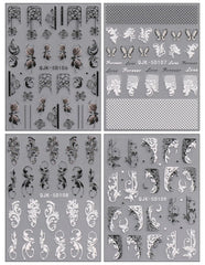 JMEOWIO 3D Nagelsticker Schwarz Weiß Blume Nail Art Sticker Selbstklebend Nagelaufkleber 5D Stereoskopisch Blumen Dekoration Nageldesign Zubehör 4 Blatt