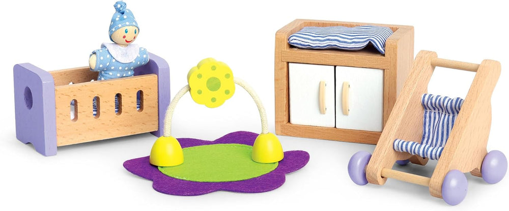 Hape Baby Room – Set cameră de păpuși din lemn, mobilier pentru păpuși pentru copii, accesorii pentru casă de păpuși pentru copii mici, cameră de copii în miniatură cu leagăn și accesorii, joc de rol de la 3 ani
