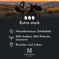 Boabe de espresso Martermühle Bike 500g Strong | Arabica/Robusta | Arome: Nuci de macadamia, ciocolată cu lapte | Boabe de espresso întregi prăjite ușor, aciditate scăzută