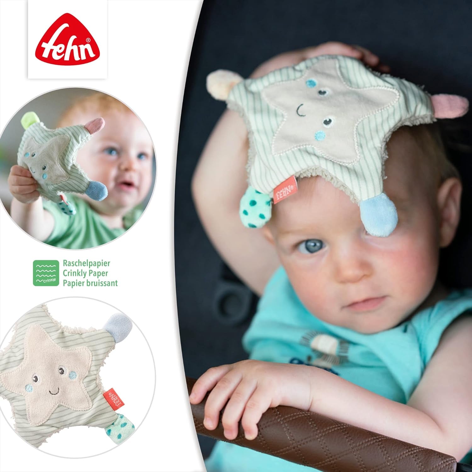 Fehn Soft carte cu poze elefant - cu țesătură din bumbac organic cu motive de animale & Fehn crackling stea de mare - jucărie pentru bebeluși pentru apucat și jucat - jucărie pentru bebeluși cu animale care ruginesc Jucarii Bebe Naty Shop