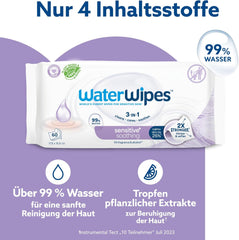 WaterWipes Sensitive+ Beruhigende, saubere Feuchttücher, 720 Stück (12er-Pack), 3-in-1-Reinigung, Pflege und Beruhigung, 99 % Wasser mit Pflanzenextrakt, parfümfreie Baby-Feuchttücher