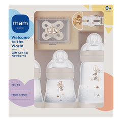 Set MAM Nou-născut, Set Cadou, format din: 2 x Biberoane Anti-Colic 160 ml, 1 x Biberon Anti-Colic 260 ml, 1 x Suzetă Original Start, 1 x Broșă pentru suzetă, de la 0 luni, Neutro