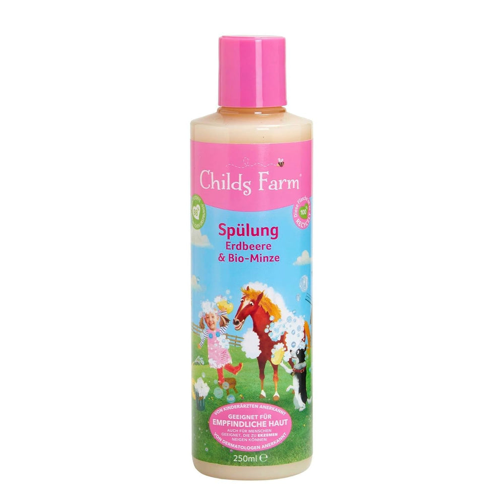Balsam Childs Farm pentru copii 250 ml | Căpșuni și mentă organică | Toate tipurile de păr | Hrănește și hrănește | Potrivit pentru pielea uscată, sensibilă și predispusă la neurodermatită Copii - Baie si Skincare Naty Shop De