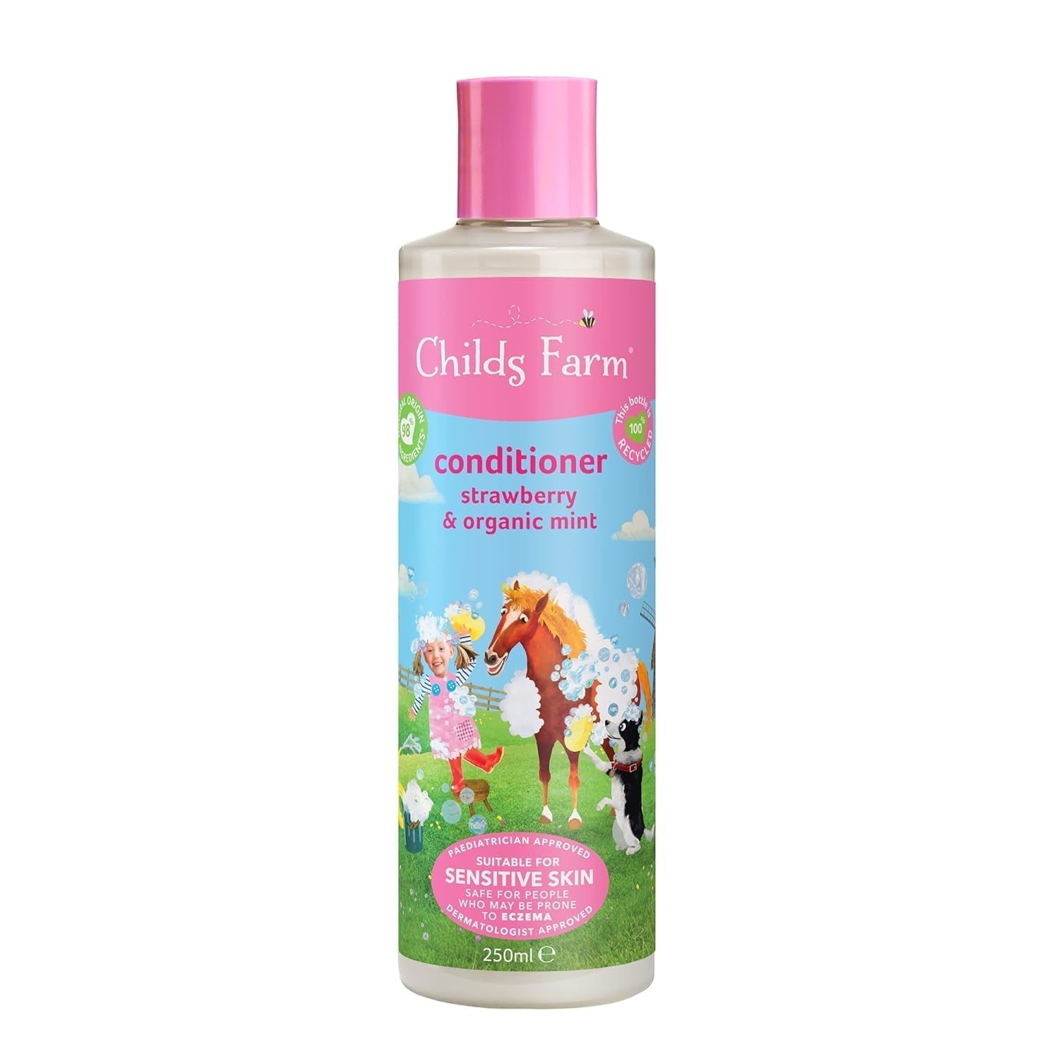 Balsam Childs Farm pentru copii 250 ml | Căpșuni și mentă organică | Toate tipurile de păr | Hrănește și hrănește | Potrivit pentru pielea uscată, sensibilă și predispusă la neurodermatită Copii - Baie si Skincare Naty Shop Uk