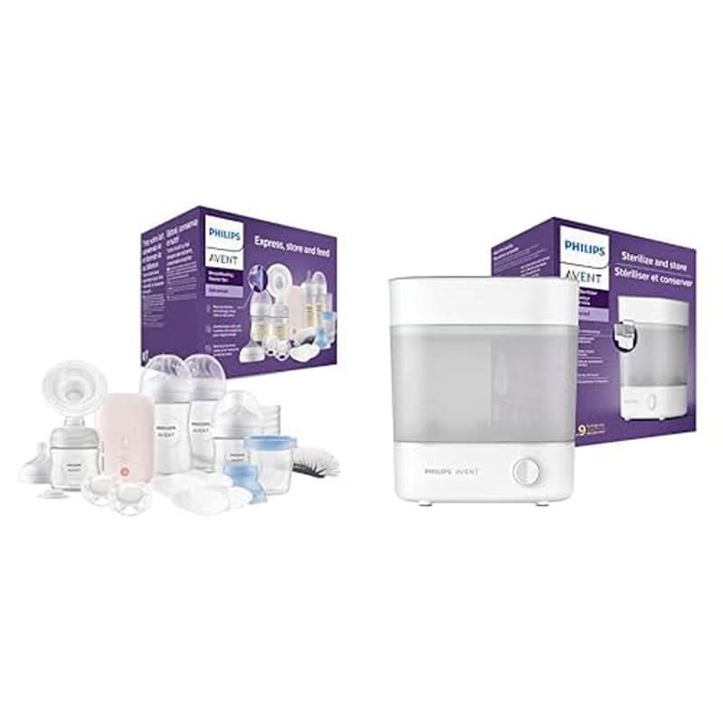 Philips Avent elektrische Milchpumpe, Geschenkset Zubehör Essen und Stillen Baby Naty Shop Paket mit Sterilisator Avent Milchpumpe
