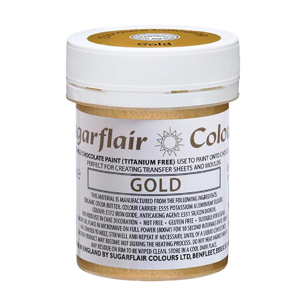 Colorant alimentar Sugarflair Chocolate Gold - Unt de cacao organic colorat, colorant ciocolată pentru colorarea ciocolatei, praline - 35 g