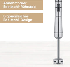 SEVERIN Kabelloser Stabmixer Mit Premium-Set, Abnehmbarer Mixstab, Mit Pürierstab, Multizerkleinerer, Mixbehälter, Kartoffelstampfer & Schneebesen, Schwarz/Edelstahl-Gebürstet, SM 3775 Mama si Copilul Naty Shop