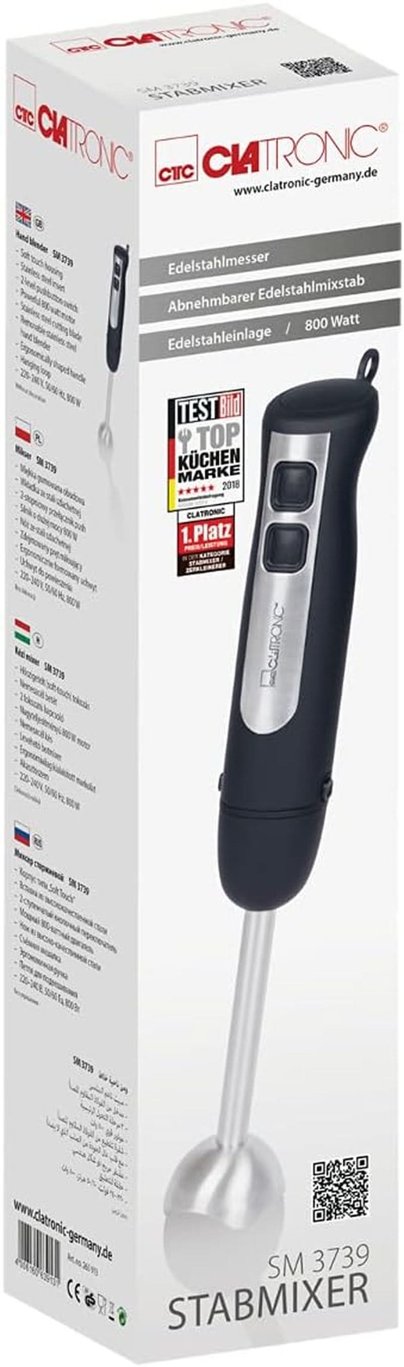 Clatronic Stabmixer SM 3739 Pürierstab, Handmixer, Mixer Für Smoothie, Shakes, 2 Stufen-Schalter, Multizerkleinerer, Edelstahl-Stab Und Messer, Aufhängeöse, 800 Watt Motor, Schwarz-Edelstahl Mama si Copilul Naty Shop