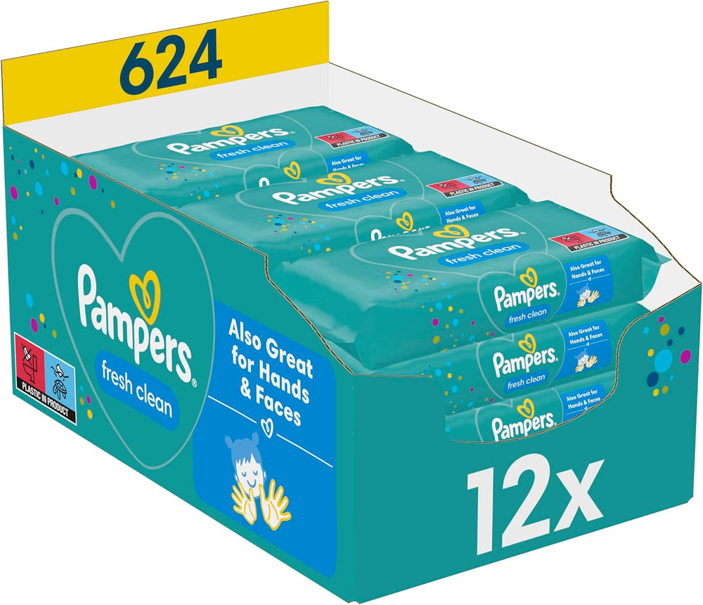 Pampers Fresh Clean Feuchttücher, 12 Packungen mit je 52 Tüchern, insgesamt 624 Tücher, leichter Duft, auch für Hände und Gesicht geeignet