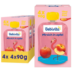 Pliculețe stoarcibile cu piersici și măr – 16 bucăți (4 pachete, 4 x 90 g fiecare), fără zahăr adăugat, fără gluten, vegane, ideale pentru bebeluși de la 5 luni, perfecte pentru luat la pachet