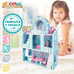 Casă de păpuși din lemn, castele de prințese din lemn, case de păpuși, 3 etaje, castele de prințese, 9 piese din lemn, 37x15x53,5 cm, jucărie din lemn, vârste 3+