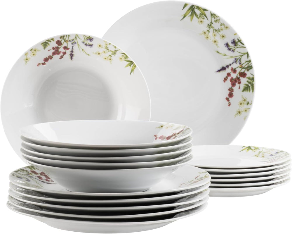 Mäser Herbal Garden, set de veselă pentru 4 persoane, format din 18 piese, cu design floral detaliat, inclusiv farfurii de cină, farfurii de supă și farfurii de desert, porțelan, alb