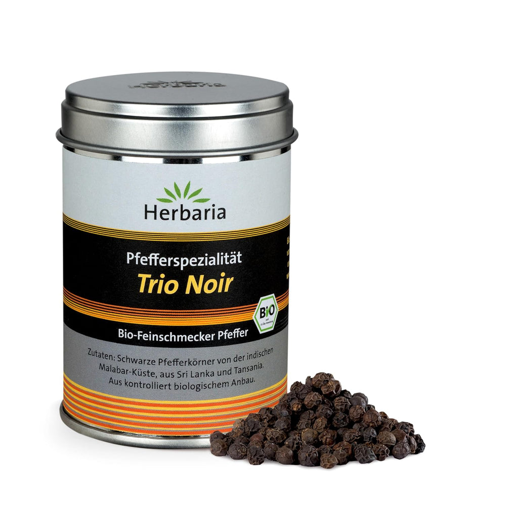 Herbaria Trio Noir bio 75g M-Dose – Bio Pfeffer schwarz ganz – ganze Pfefferbeeren – schwarze Pfeffermischung aus biologischem Anbau von drei verschiedenen Regionen – in nachhaltiger Aromaschutz-Dose