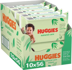 Huggies® Natural Care Baby-Feuchttücher, 10 x 56 Tücher, hergestellt aus Hautpflegefasern für eine gesunde Haut, angereichert mit Aloe Vera Baby-Feuchttücher Naty Shop