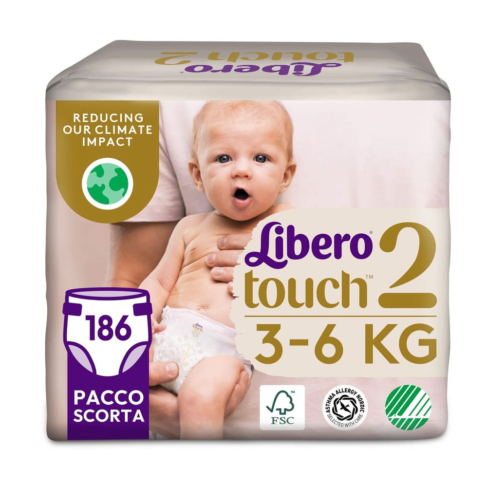 Libero, Touch Open Babywindeln, 186 Windeln Größe 2 für Babys von 3-6 kg, 3 Packungen mit 62 Einwegwindeln Mutter und Baby Naty Shop
