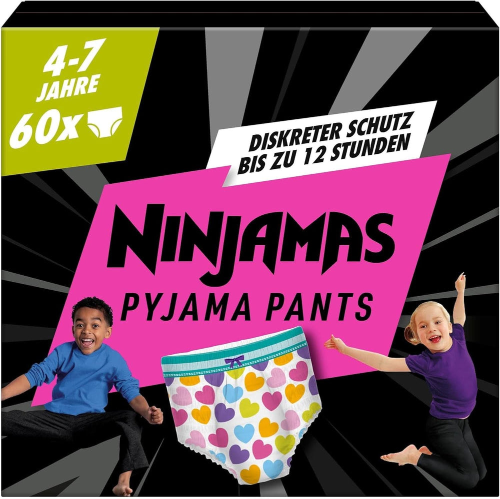 Ninjamas Hearts Pyjama-Hosen, 60 saugfähige Nachthosen, 7 Jahre, 17–30 kg. Mutter und Baby Naty Shop 4–7 Jahre (60 Stück). Mädchen, 4–7 Jahre