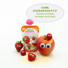 FRECHE FREUNDE Bio Quetschie Apfel, Erdbeere, Himbeere mit Grieß, Fruchtmus mit Getreide im Quetschbeutel für Babys ab dem 6. Monat, vegan, 6er Pack (6 x 100g)