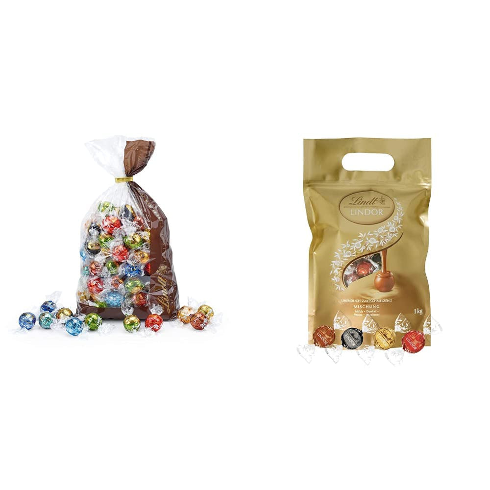 Sortiment Lindt Schokolade LINDOR | 1371 g, Klassisch | ca. 80 Kugeln Schokolade (Milch, Weiß, Zartbitter 60 %, Haselnuss) | Großpackung, 1 kg