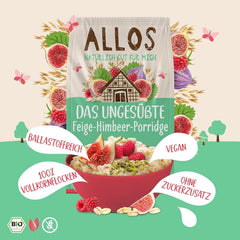 Ungesüßter Allos-Porridge mit Feigen und Himbeeren | Porridge ohne Zucker | Bio-Müsli | Müsli mit Früchten | Haferflocken | Porridge zum Frühstück | Müsli zum Frühstück | Vegan | 6er-Pack (6 x 500 g)