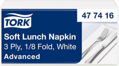 Tork Soft Lunch Napkin alb, pliat 1/8, 3 straturi, 33 cm × 33 cm, 150 șervețele, 477416