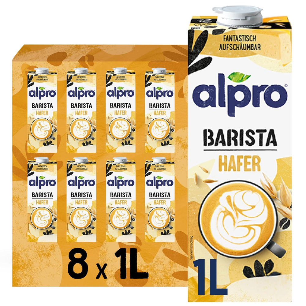 Alpro Barista Haferdrink – Zum Aufschäumen – Vegan und milchfrei – Von Natur aus laktosefrei – Reich an Ballaststoffen, Kalzium und Vitaminen – 8 x 1 L – Haltbar