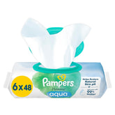 Pampers Harmony Aqua Feuchttücher, 6 Packungen mit je 48 Tüchern, insgesamt 288 Tücher. Hilft, den natürlichen pH-Wert der Haut wiederherzustellen. Leichte Lotion mit 99 % Wasser