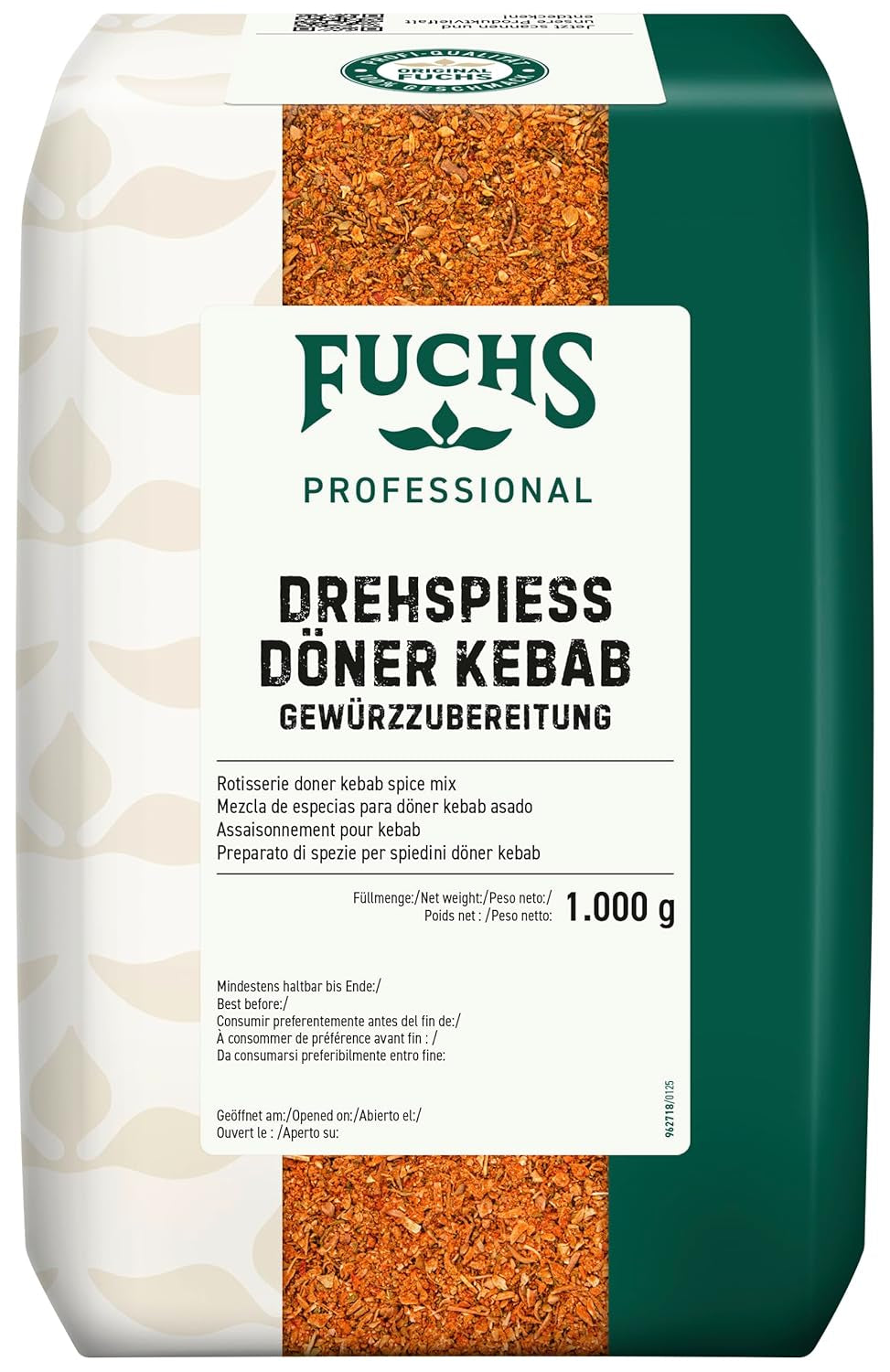 Fuchs Professional - Drehspiess Döner Kebab Gewürzzubereitung | Gewürze für den typischen Döner Gesmack | Profi-Qualität für Großverbraucher und Gastronomie | 1 kg im recycelbaren Beutel