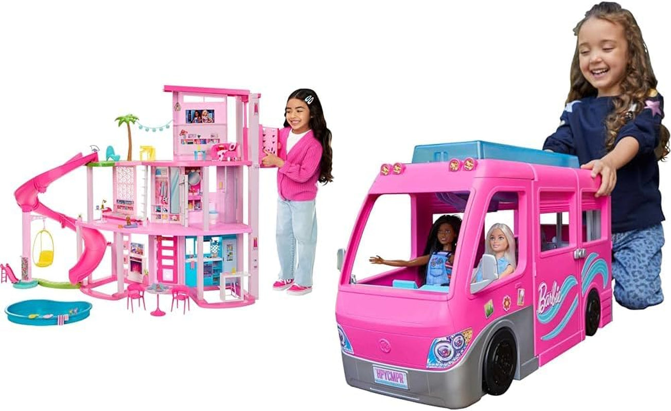 Barbie Dream Villa, casă Barbie cu 3 etaje cu 10 zone de joacă, inclusiv piscină, tobogan, lift, 75 de accesorii pentru păpuși, cățeluș de jucărie, jucărie pentru copii cu vârsta de peste 3 ani, HMX10 Casute de papusi Naty Shop Pachet cu Dream Camper Van Vilă de vis piscină petrecere casă de păpuși