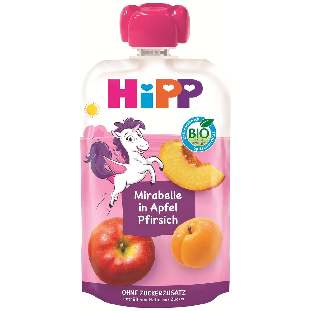 HiPP Bio Quetschie Mirabelle im Apfel-Pfirsich - Ellis Einhorn (8 x 100g), ab 1 Jahr, 100% Fruchtpüree, ohne Zuckerzusatz, vegan, in bester Bio-Qualität