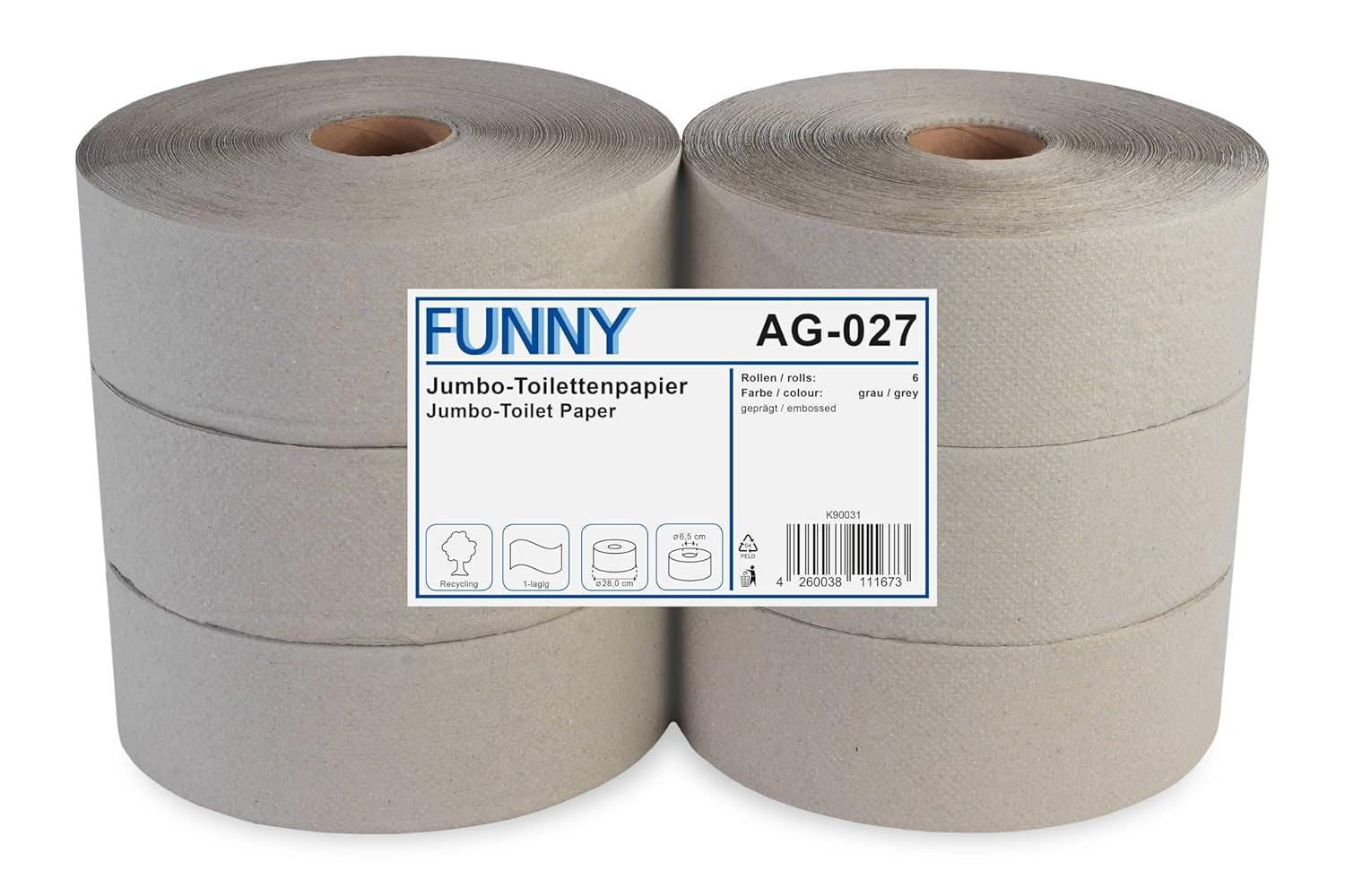 Funny AG-027 hârtie igienică jumbo, 1 strat, reciclată, diametru 28 cm (pachet de 6)