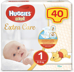 Huggies Extra Care Windeln für Babys, Größe 1 (2–5 kg), super saugfähig, vollständiger Schutz, Disney-Design, 40 Stück.