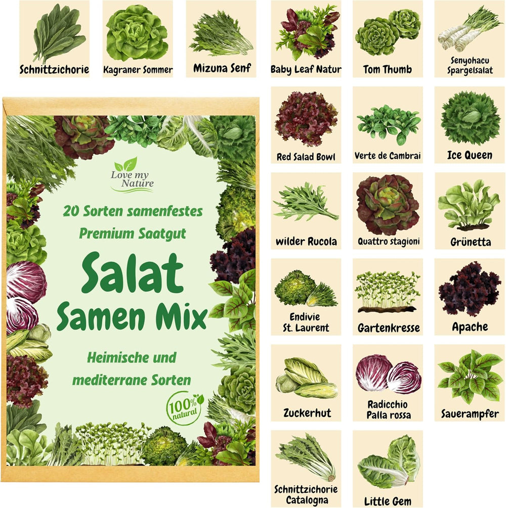 Salatsamenmischung – 20-Sorten-Set – Schnelle Ernte, Schnitt- und Wintersalate – 100 % natürlich – Keine Wachstumsstimulanzien – Mit Liebe verpackt – Inklusive Anleitung und individueller Etikettierung