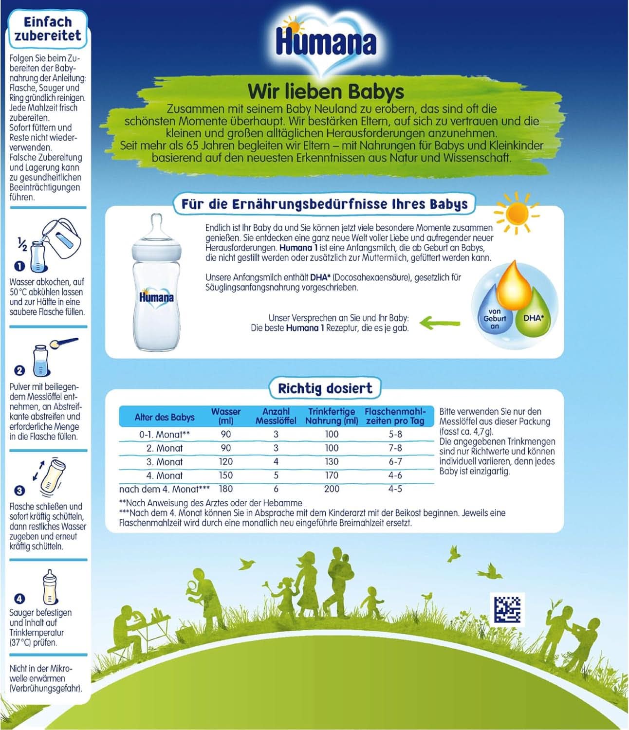 Humana Initial Milk 1, de la naștere, lapte praf pentru laptele pentru sugari, pe lângă laptele matern sau ca unică hrană pentru bebeluși, hrană inițială numai cu DHA și lactoză, 750 g Mama si Copilul Naty Shop
