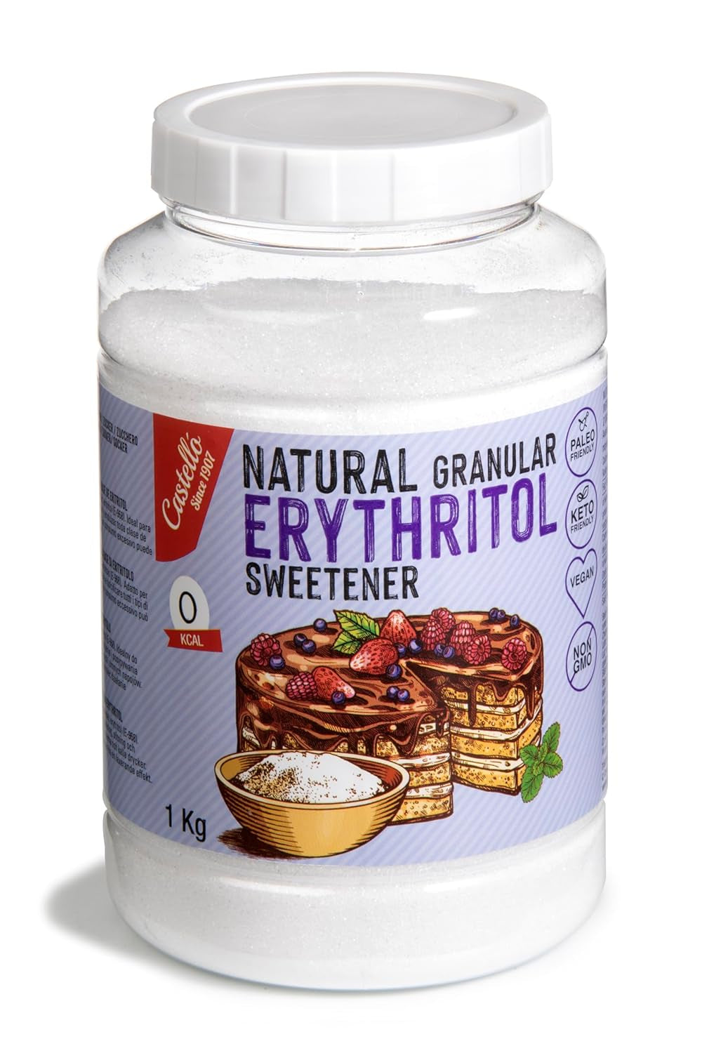 Natürliches Erythrit - Kristallzucker | 10G = 7G Zucker | Natürlicher Zuckerersatz - 0 Kalorien - 0 Glykämischer Index - Keto Und Paleo - 0 Netto-Kohlenhydrate - Kein GVO - Castello seit 1907-1Kg Süßstoffe Naty Shop 1 Kg (1Er Pack)