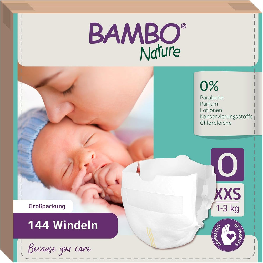 Bambo Nature Windeln für Babys, Größe 0 (1-3 kg), 144 Stück, Monatsbox | Premium-Windeln mit verbessertem Auslaufschutz | Ultimativer Komfort und Freiheit für Neugeborene | Dermatologisch getestete Windeln