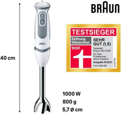 Braun Stabmixer MQ 5200WH - Multiquick 5 Vario Pürierstab Mit Edelstahl Mixfuß, 1000 Watt, Inkl. 600 ml Mix- & Messbecher, Weiß/Grau Kitchen Naty Shop