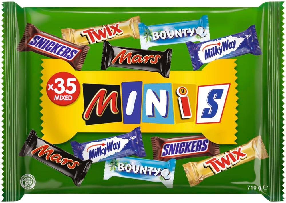 Pachet vrac cu mini ciocolată mixtă, ciocolată, 35 de mini gustări de ciocolată (Mars, Snickers, Bounty, Twix, Milky Way) ca dulciuri, cadou de ciocolată, cutie de bomboane (710g)
