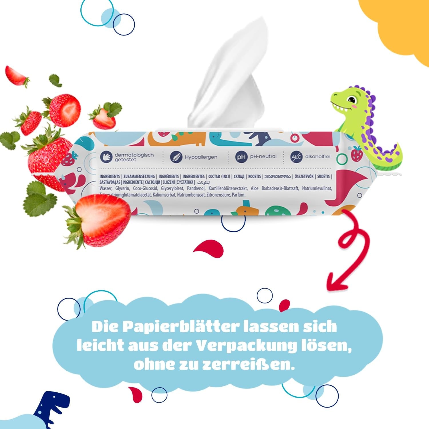 Hârtie igienică umedă Kindii Fun - (10X60 bucăți) Hârtie igienică umedă - Mușețel, Aloe Vera, Ph-Neutru, Vărsabilă, Reîmprospătează zona intimă - 600 bucăți