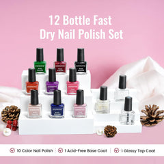 JODSONE 12-teiliges Nagellack-Set, 10 Farben, Kombination aus 2 Unterlacken und Überlack, schnell trocknender Nagellack für Amateure und Anfänger
