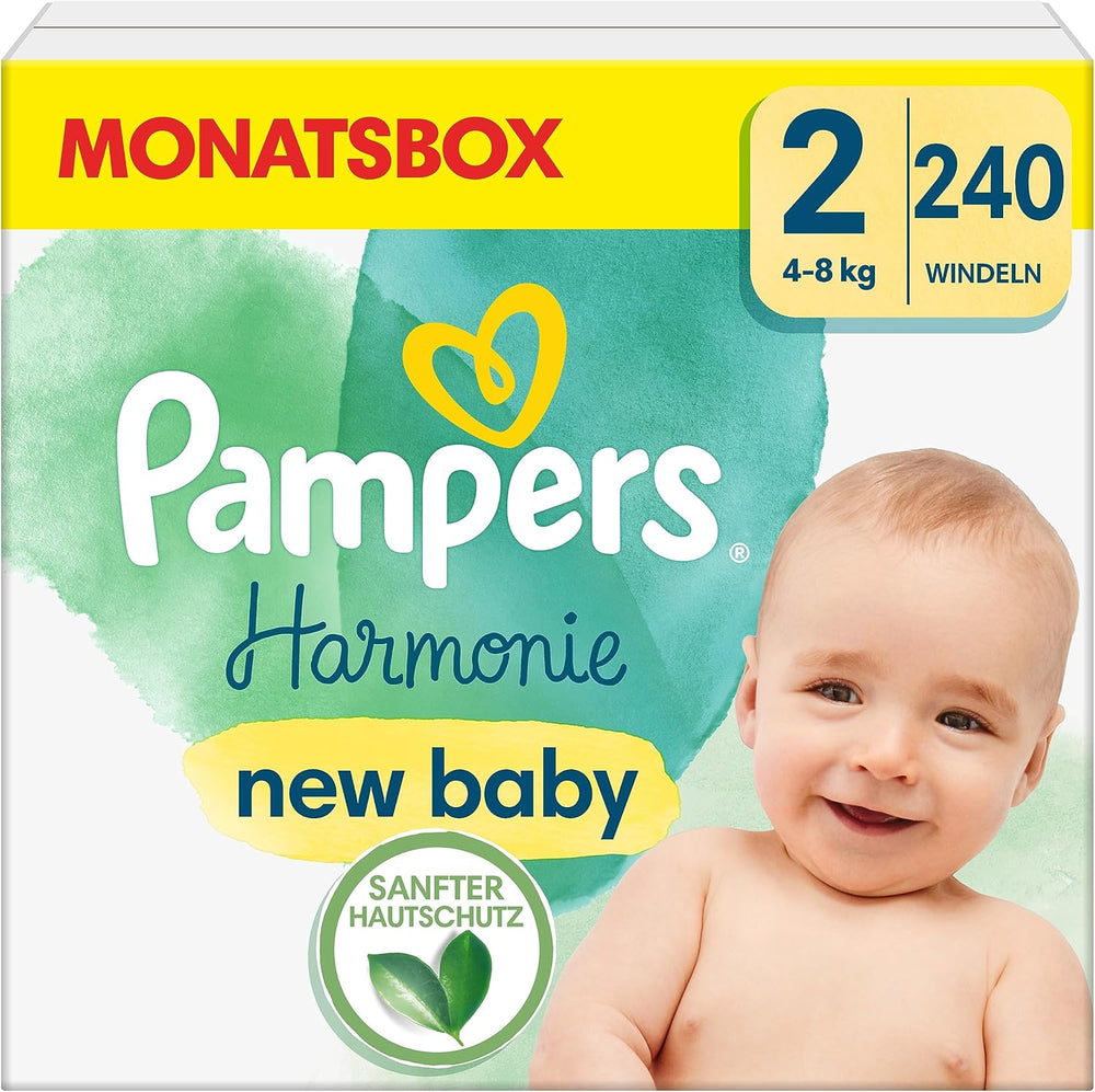 Pampers Babywindeln, Größe 2 (4–8 kg), Harmony, Half Moon Box, sanfter Hautschutz und pflanzliche Inhaltsstoffe, 240 Stück