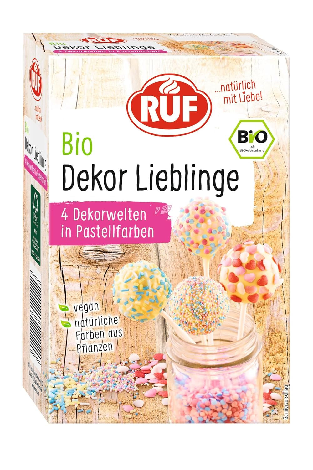RUF Organic Dekor Lieblinge, 4 Sorten bunte Backdekorationen mit Streuseln, Zuckerperlen und Zuckerherzen, ohne künstliche Farbstoffe, vegan, 140 Gramm Naty Shop