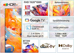 Televizor CHIQ L40G7V de 40 de inci, Google TV, FHD, design fără ramă, Asistent Google, Google Play, Chromecast încorporat, radio triplu (DVB-T2/S2/C), WLAN 5G, Bluetooth, HDMI ARC, USB 2.0, CI+