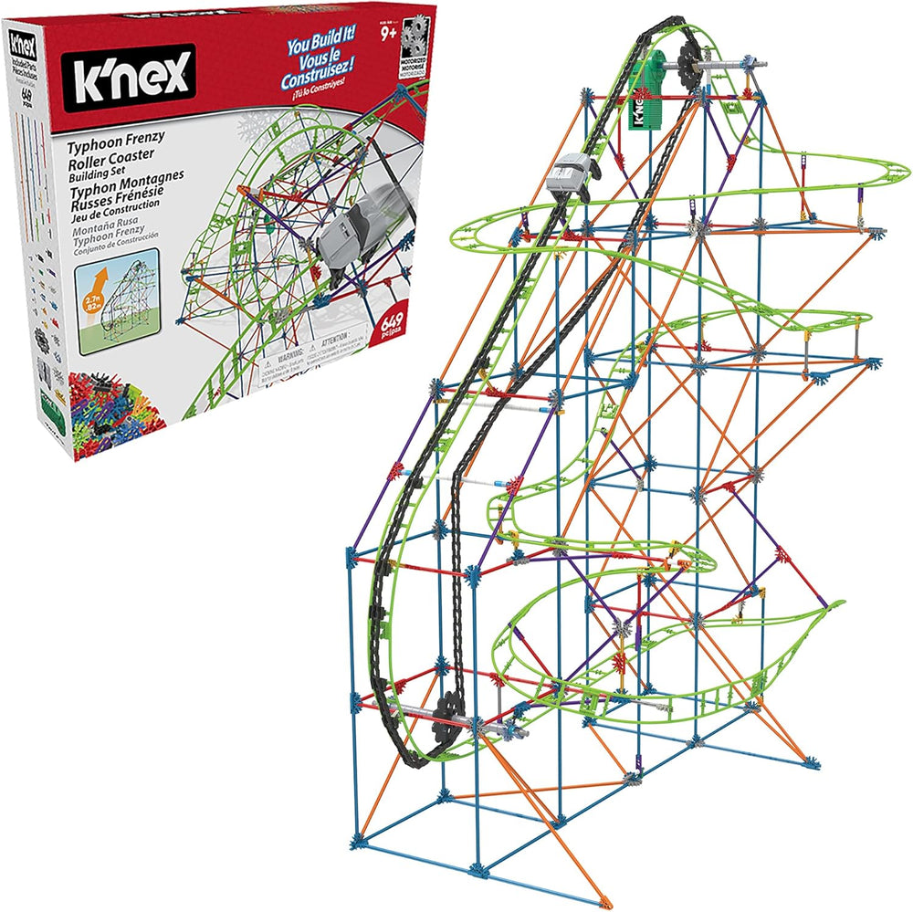 K'NEX 51438 Typhoon Frenzy Achterbahn, 2-in-1-Modell, farbenfrohes Bauset für Jungen und Mädchen, 19-Fuß-Spielzeug, 640-teiliges Kinderbauset für Kinder ab 9 Jahren