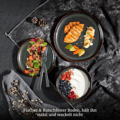 Set de veselă pentru 6 persoane, set de servire din gresie, format din 18 piese, boluri rotunde neregulate pentru cereale, farfurii de desert, farfurii de cină, rezistent la zgârieturi și potrivit pentru cuptorul cu microunde, verde mușchi reactiv