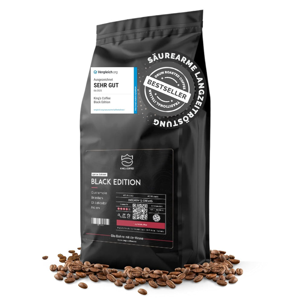 KING'S COFFEE - EDIȚIE NEAGRĂ - 1 kg Boabe de Cafea Crema Intense - Cafea cu Aciditate Scăzută - Prăjire în Loturi Mici din Italia - Boabe de Espresso Arabica Puternic (Amestec) pentru Aparate Complet Automate și Portafiltru