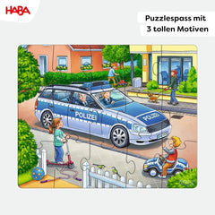 HABA Feuerwehr-Puzzle – 3-teiliges Set für Kinder ab 3 Jahren, Polizei- und Krankenwagen-Papppuzzle – Fördert Feinmotorik und Konzentration – 1302759001 Puzzle Naty Shop
