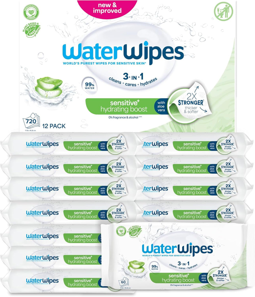 Șervețele umede WaterWipes Sensitive+ Hydrating Boost, șervețele hidratante, 720 bucăți (12 pachete), 3 în 1 curăță, îngrijește, hidratează, 99% apă cu aloe vera, șervețele umede fără parfum pentru bebeluși