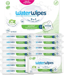 WaterWipes Sensitive+ Hydrating Boost Feuchttücher, feuchtigkeitsspendende Tücher, 720 Stück (12er-Pack), 3-in-1-Reinigung, Pflege, Feuchtigkeit, 99 % Aloe-Vera-Wasser, parfümfreie Babytücher