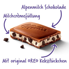 Milka Oreo – Alpenmilchschokolade gefüllt mit knusprigen Oreo-Keksstückchen und zarter Vanillecreme – 100g