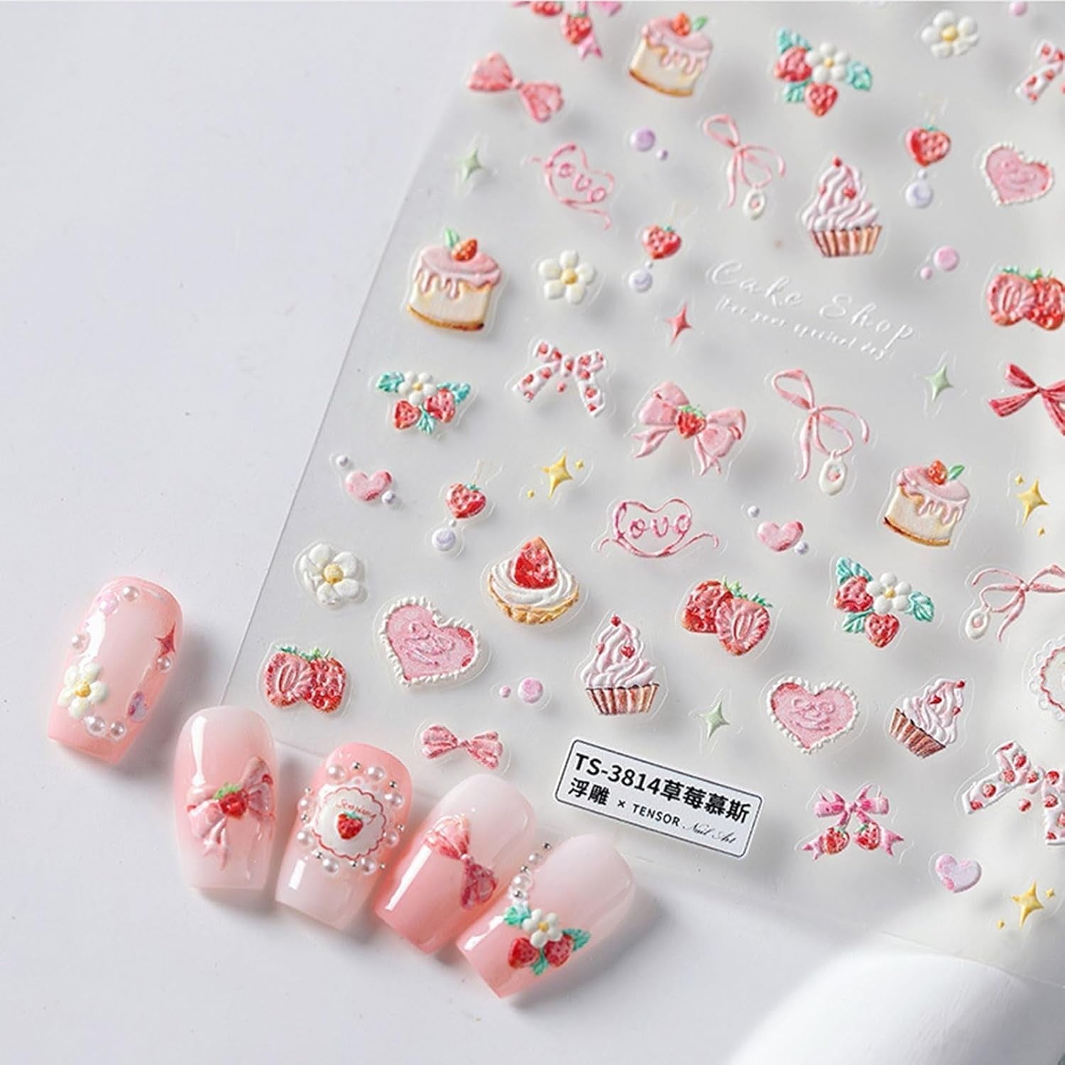 JMEOWIO 3D Nagelsticker Rosa Nail Art Sticker Selbstklebend Nagelaufkleber 5D Stereoskopisch Kuchen Erdbeerschleife Dekoration Nageldesign Zubehör 1 Blatt